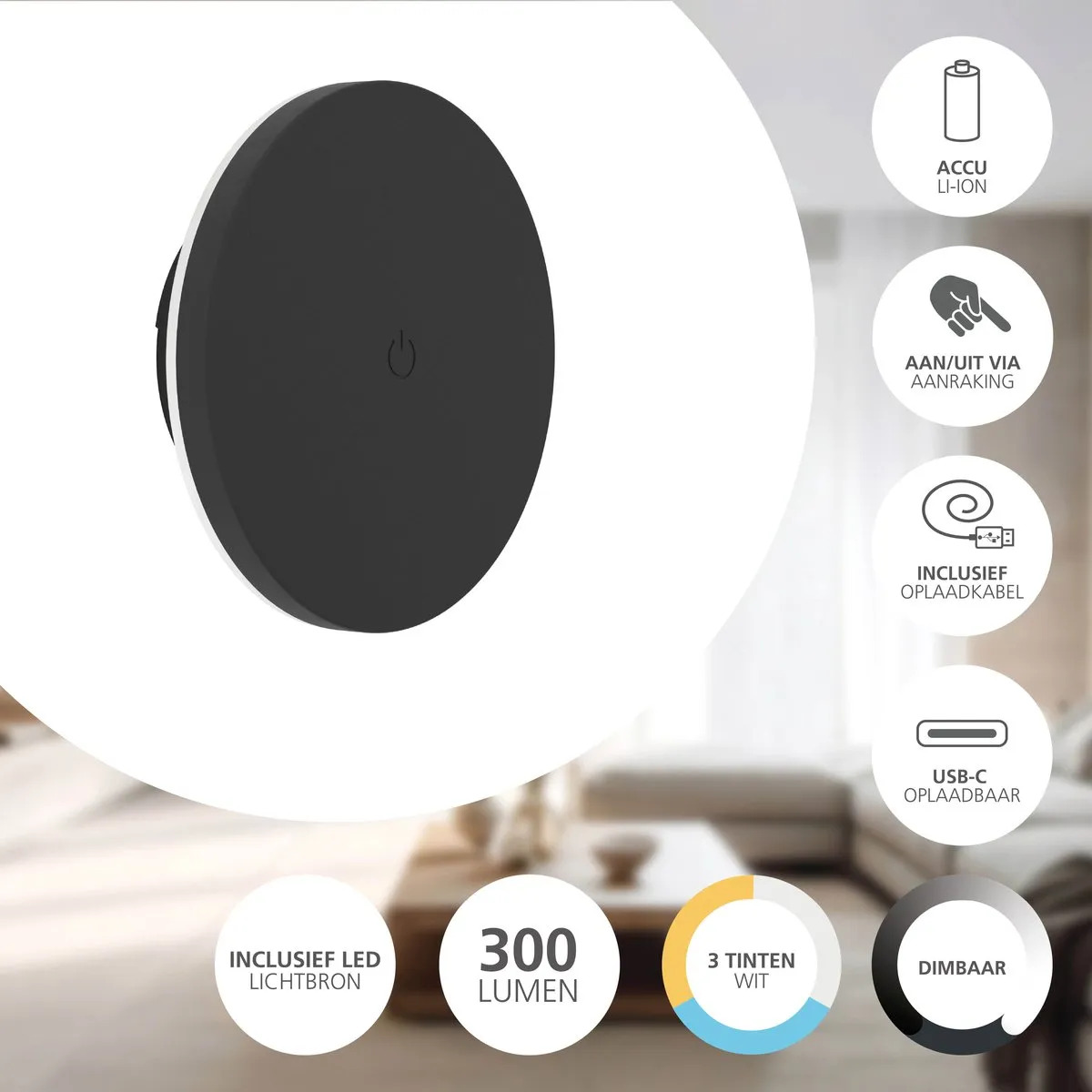 Eglo Valgiano Wandlamp - Oplaadbaar 30u LED Ø15cm Zwart - Instelbaar wit licht - afbeelding 6 van 6