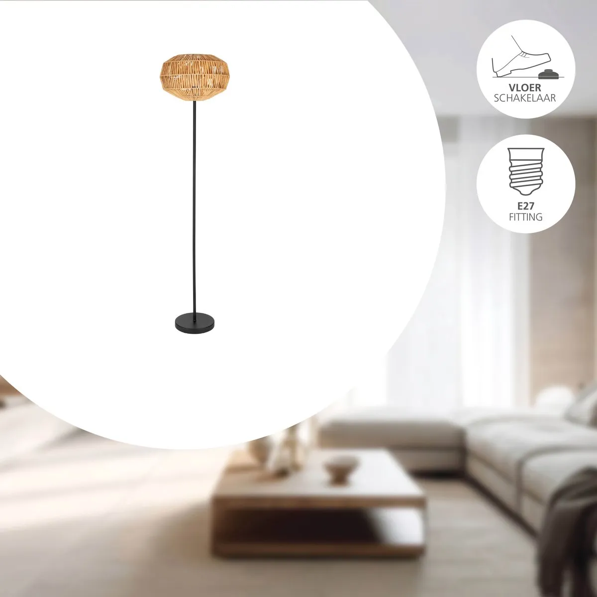 Eglo Sheldon Vloerlamp E27 153.5cm - Zwart/Natuurlijk