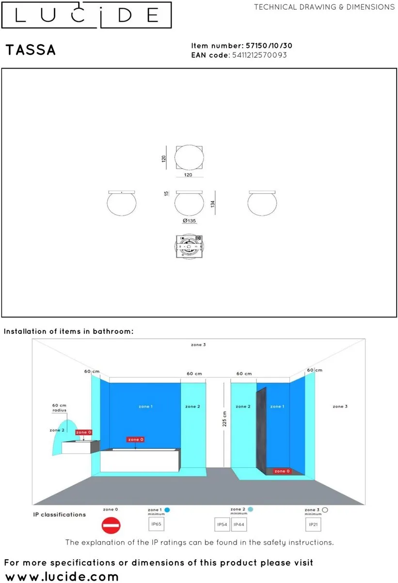Lucide TASSA Plafondlamp Badkamer - Ø13,5cm LED 1x12W 1800K/3000K - Zwart