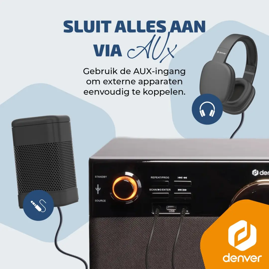 Denver MRD180 Platenspeler - DAB+/FM Radio - CD - Cassette - Bluetooth - Darkwood - afbeelding 6 van 6