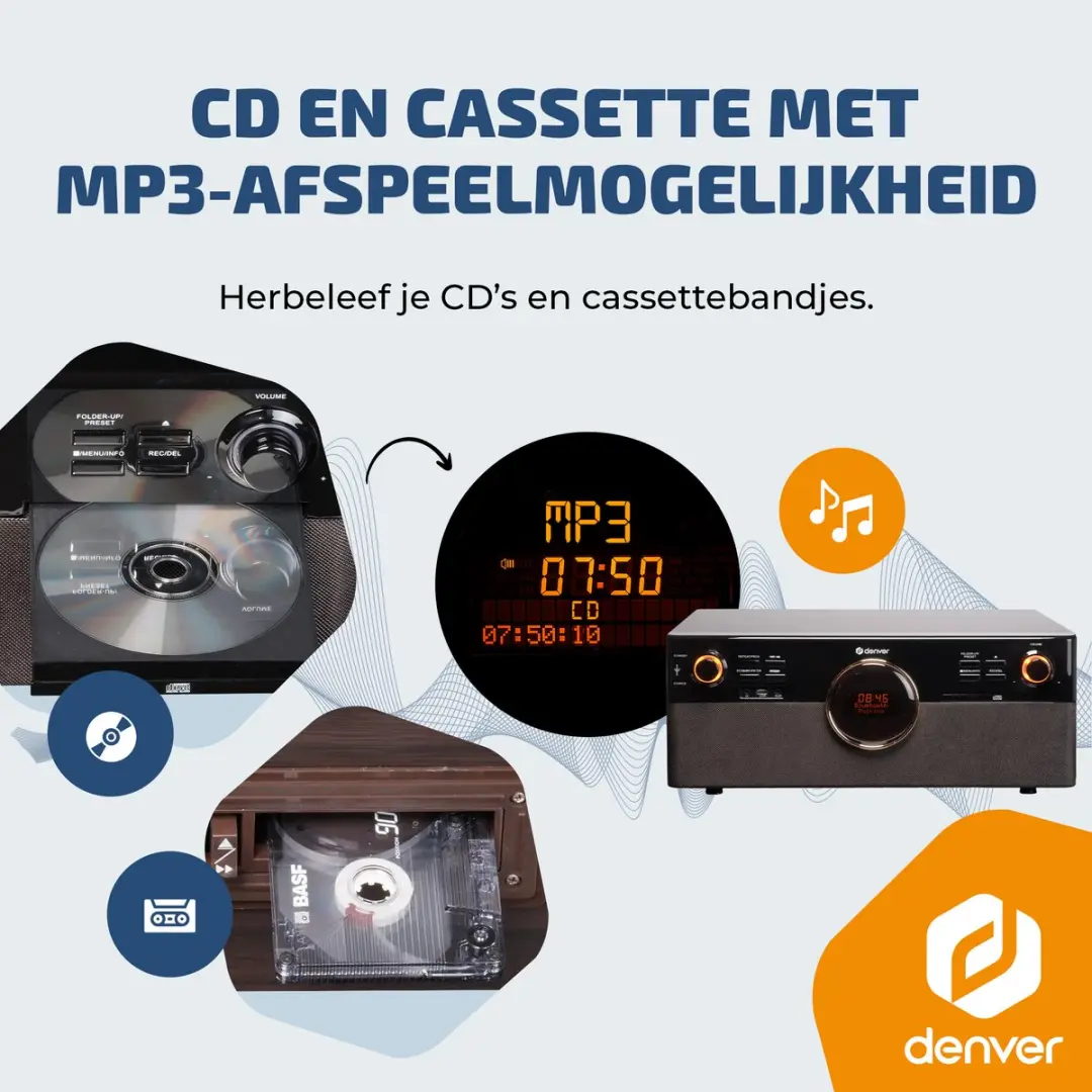 Denver MRD180 Platenspeler - DAB+/FM Radio - CD - Cassette - Bluetooth - Darkwood