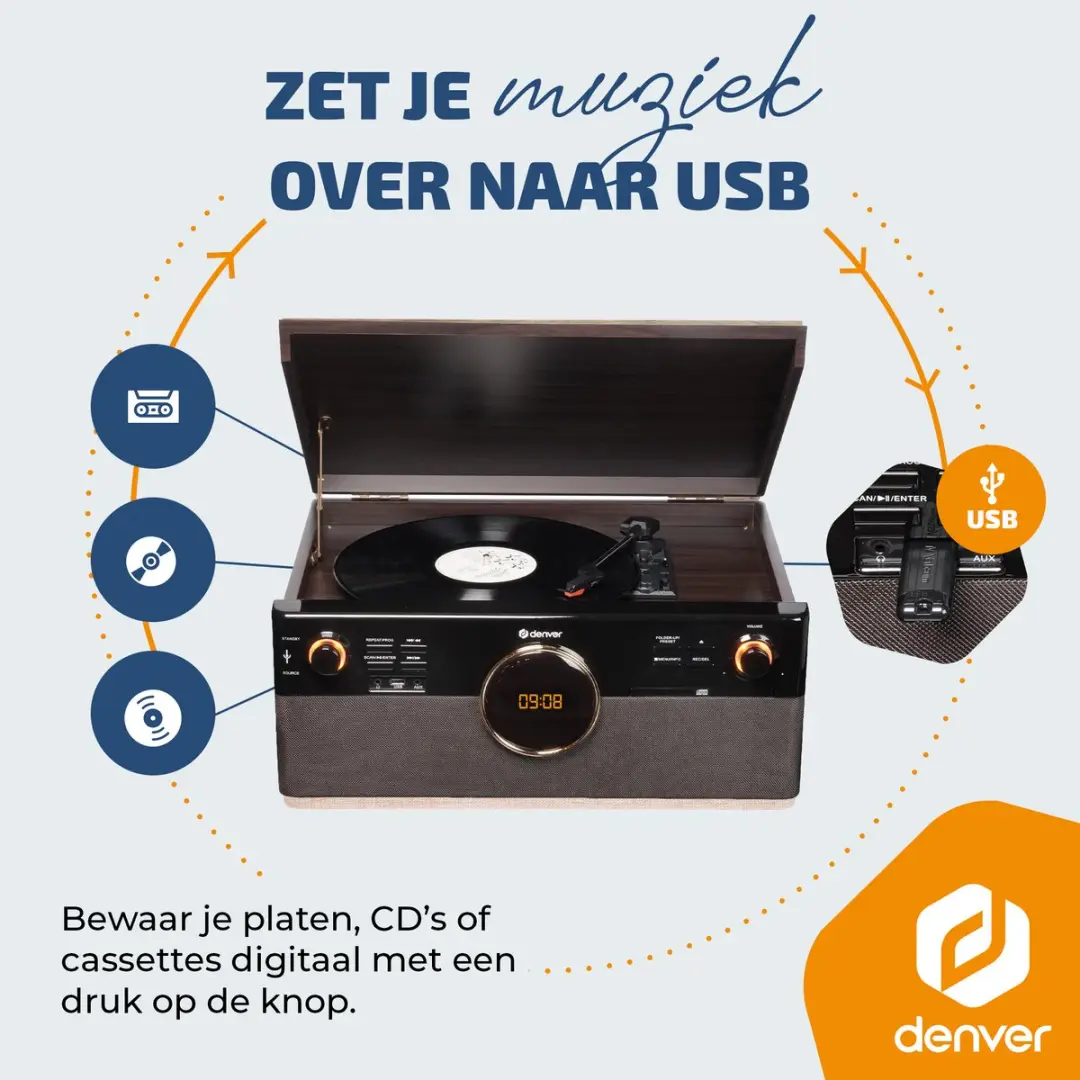 Denver MRD180 Platenspeler - DAB+/FM Radio - CD - Cassette - Bluetooth - Darkwood