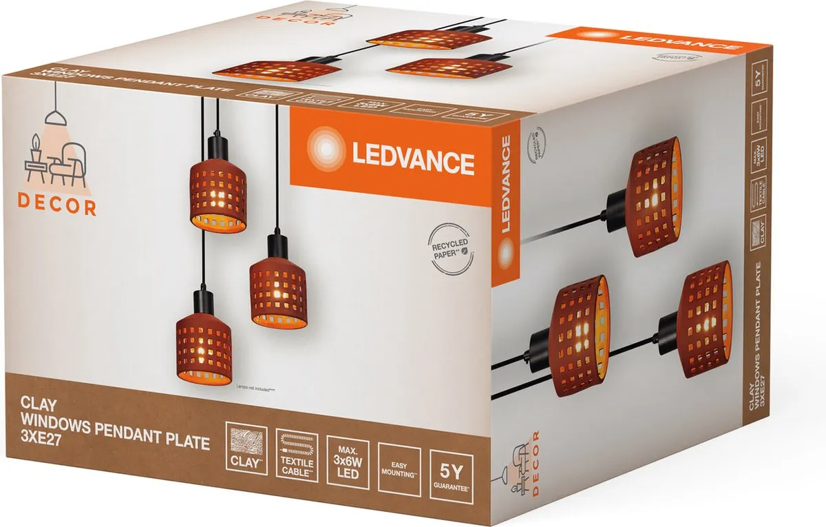 LEDVANCE Decor Clay Windows Hanglamp 3xE27 - Bruin - afbeelding 6 van 6