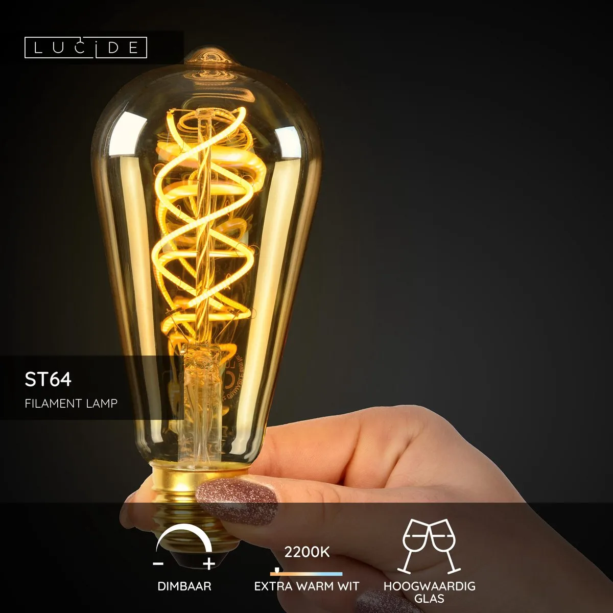 Lucide ST64 LED Filamentlamp 4,9W 2200K - E27 - Amber