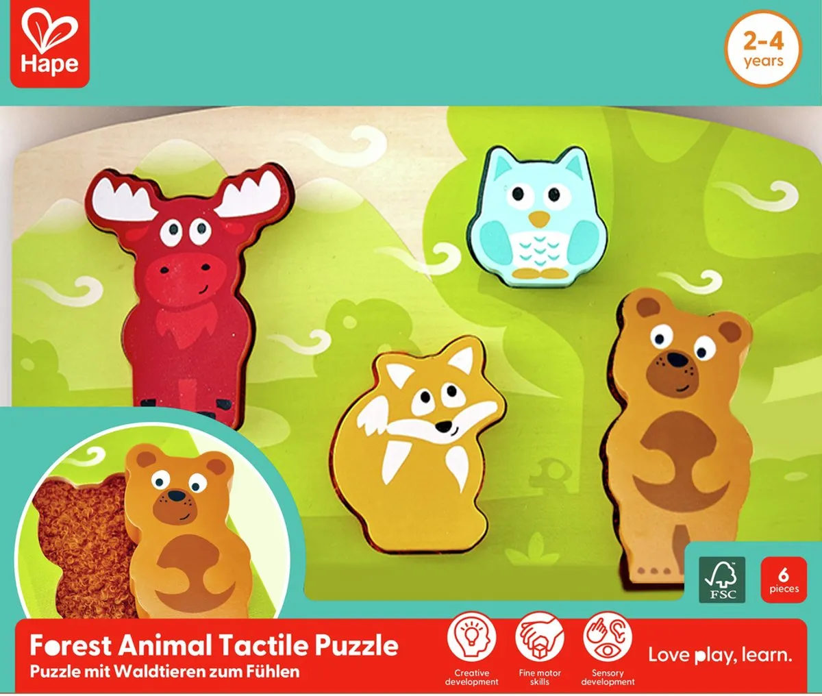 Hape Tactiele Bosdieren Puzzel 6 Stuks - Veelkleurig