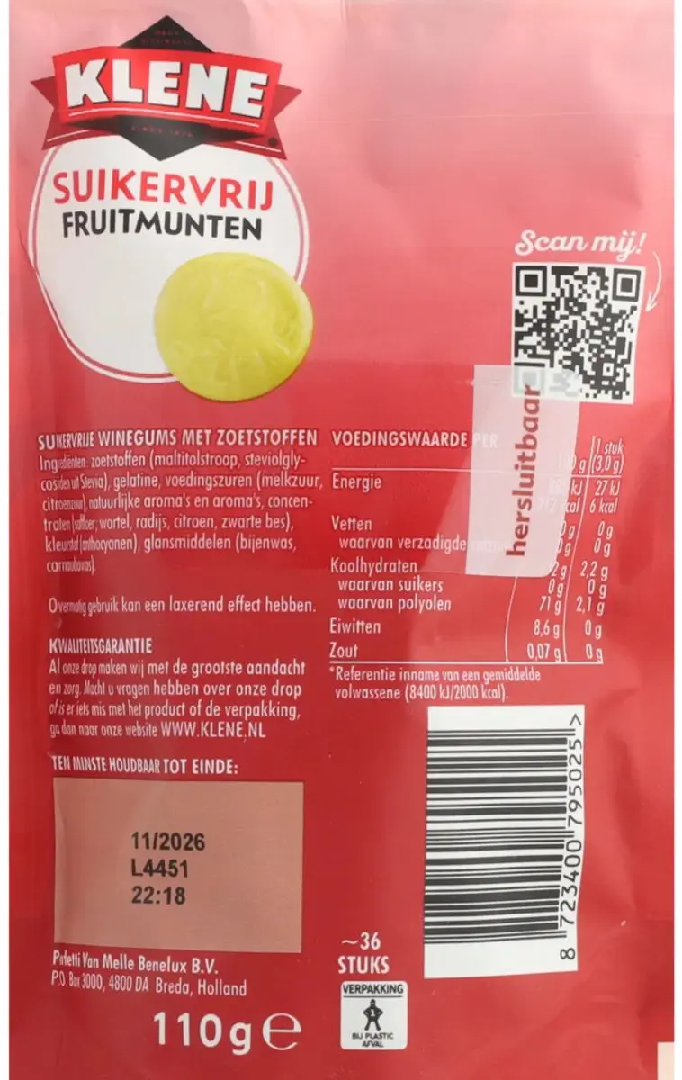 Klene Suikervrije Fruitmunten 110g - 12 Stuks