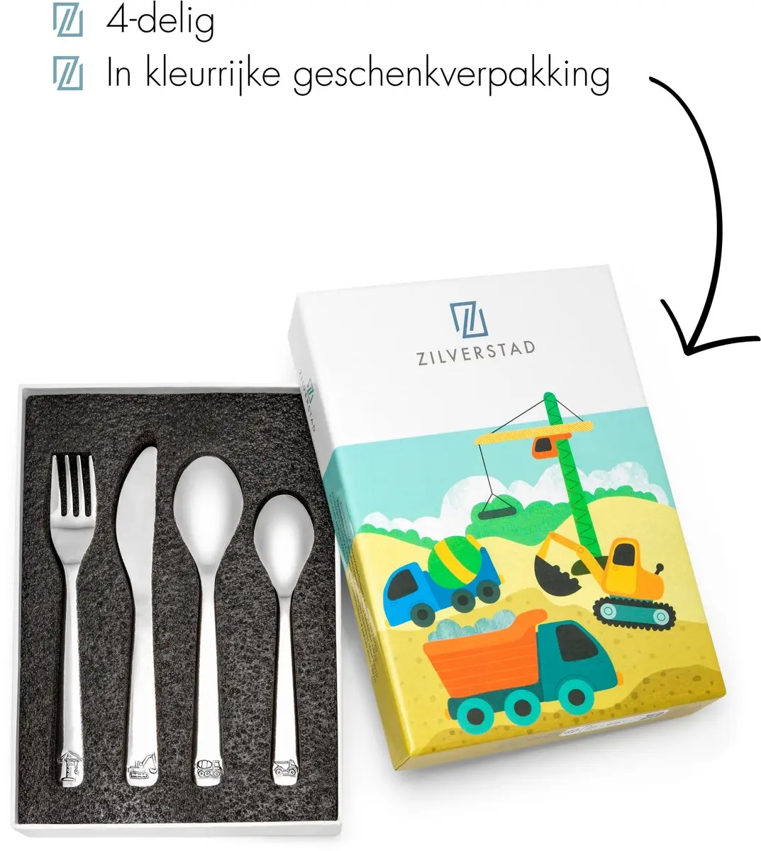 Zilverstad Kinderbestekset Bouwvoertuigen RVS 4-delig - Zilver