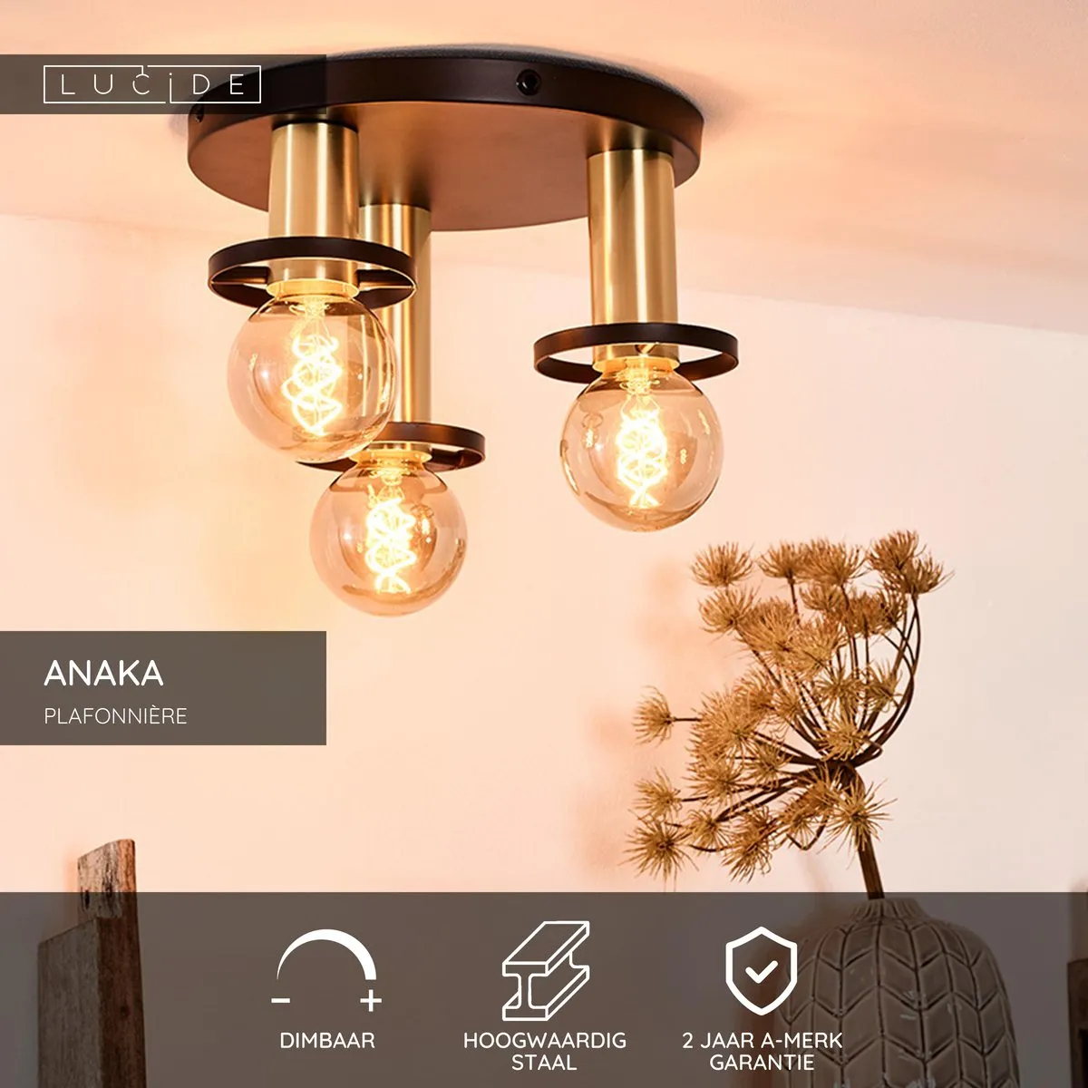 Lucide Anaka Plafondlamp Ø30cm - 3xE27 - Zwart