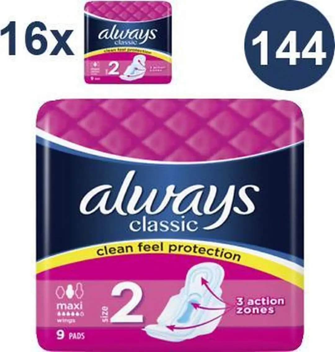 Always Classic Maandverband - 144 Stuks (16x9) - Blauw/Wit/Rozig