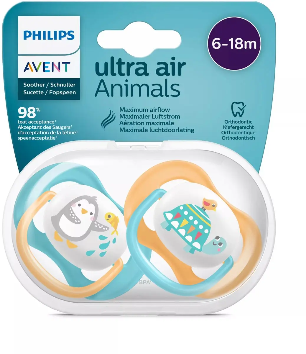 Philips Avent Ultra Air Happy Fopspeen 6-18m - Oranje/Blauw - 2 Stuks