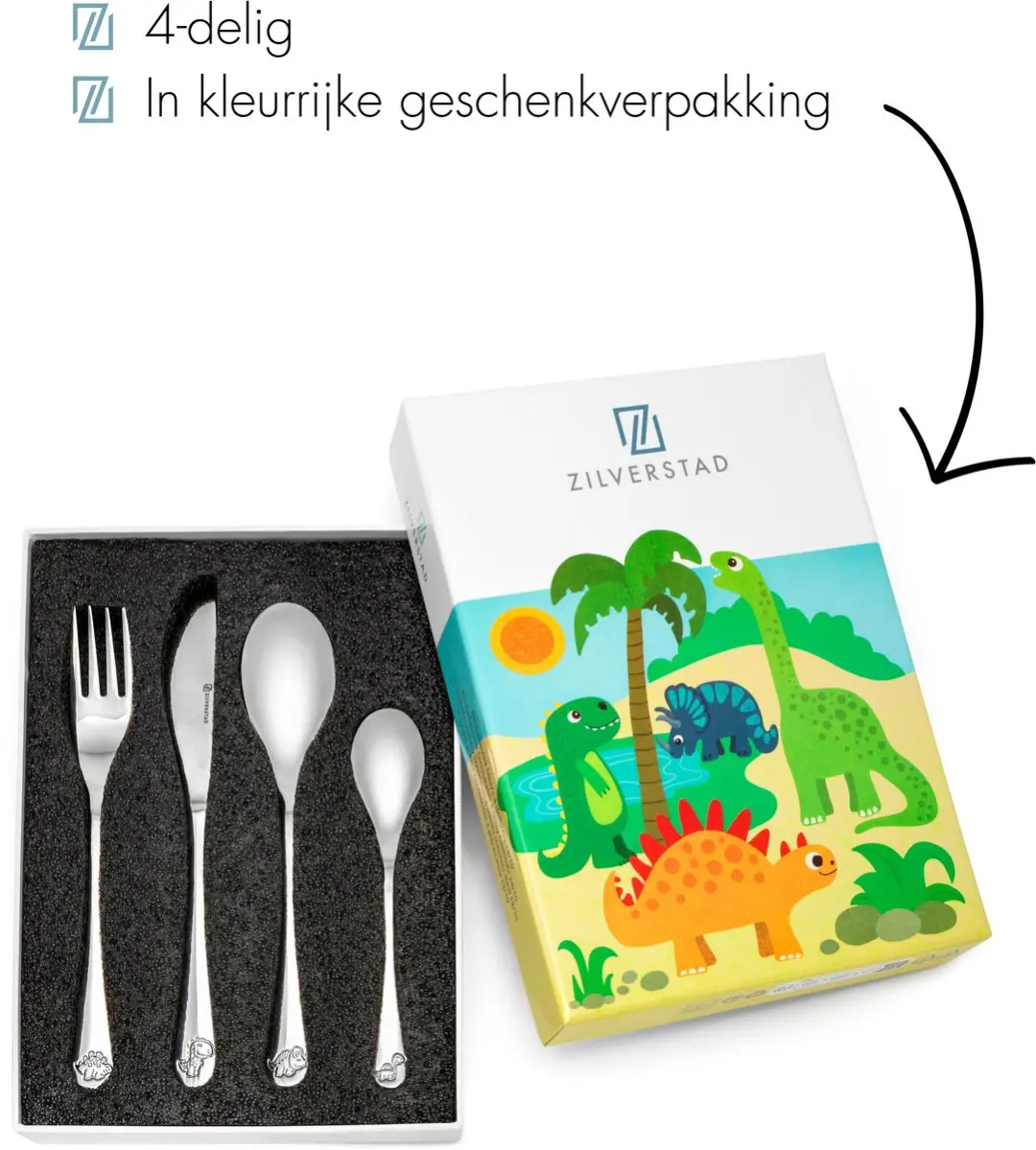 Zilverstad Kinderbestek 4-delig Dino's RVS 18/10 - Zilver