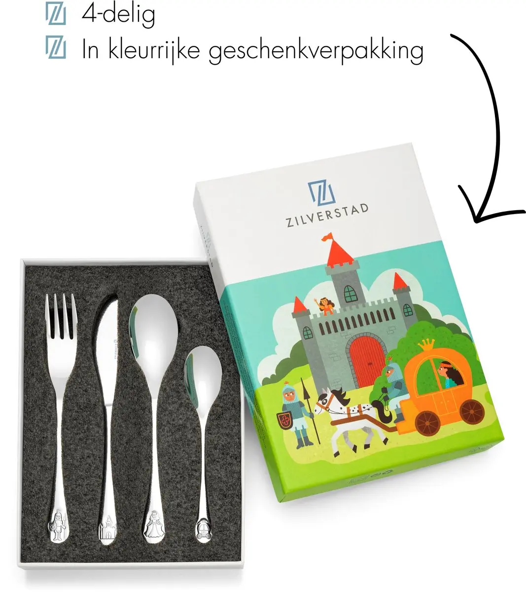 Zilverstad Kinderbestek Ridders & Prinsessen 4-delig - RVS 18/10 - Zilver