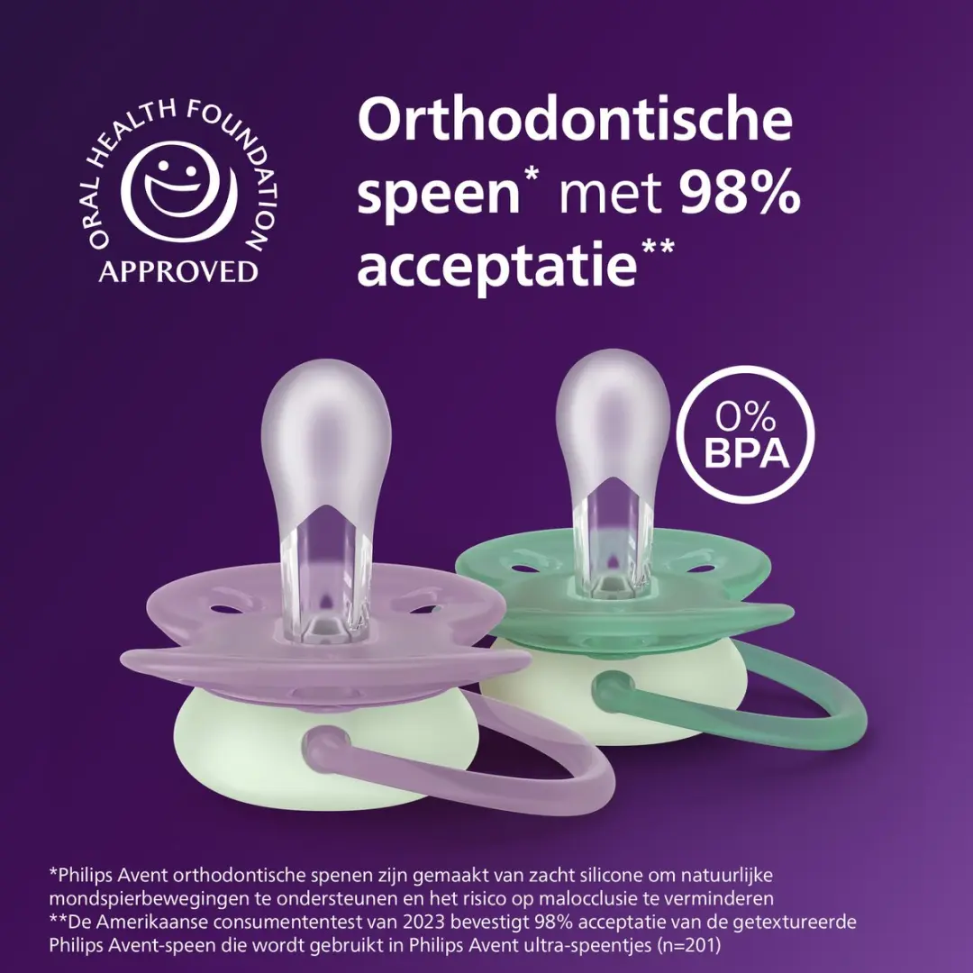 Philips Avent Ultra Soft SCF094/04 Fopspeen - Glow-in-the-dark - 2 Stuks - Green/Lilac