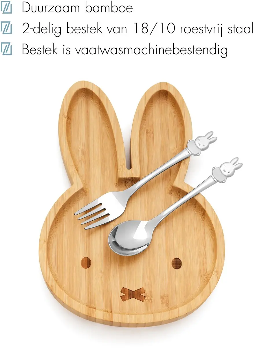 Zilverstad Nijntje Kinderbord + Bestekset RVS - 3-delig - Bruin/Zilver