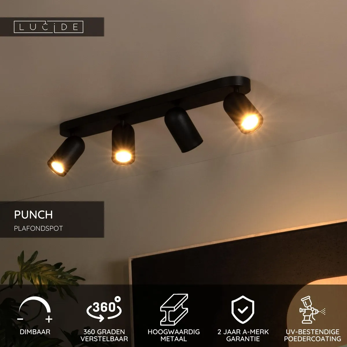 Lucide PUNCH Plafondspot 4xGU10 - Zwart