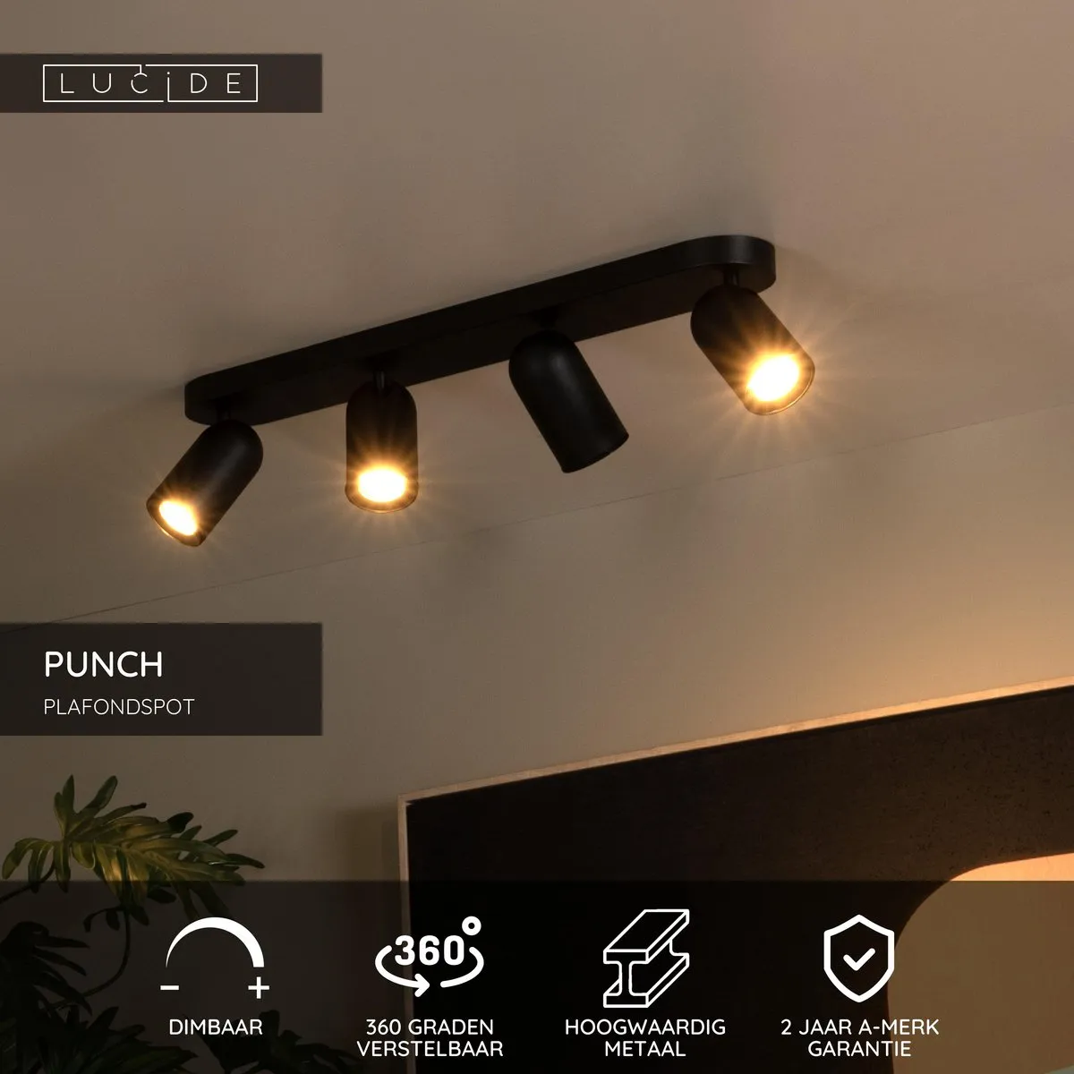 Lucide PUNCH Plafondspot 4xGU10 - Zwart