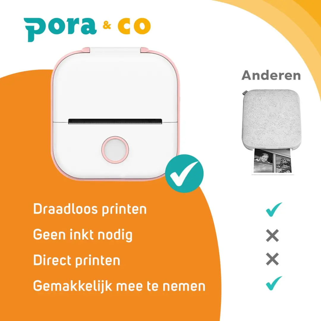 Pora&Co Mini Fotoprinter - Roze - Incl. App & 1 Rol Fotopapier