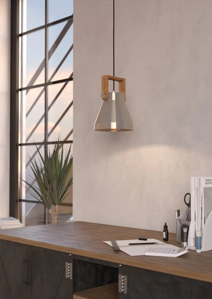 Eglo Cawton Hanglamp E27 - Ø16cm - Grijs/Bruin Staal/Hout