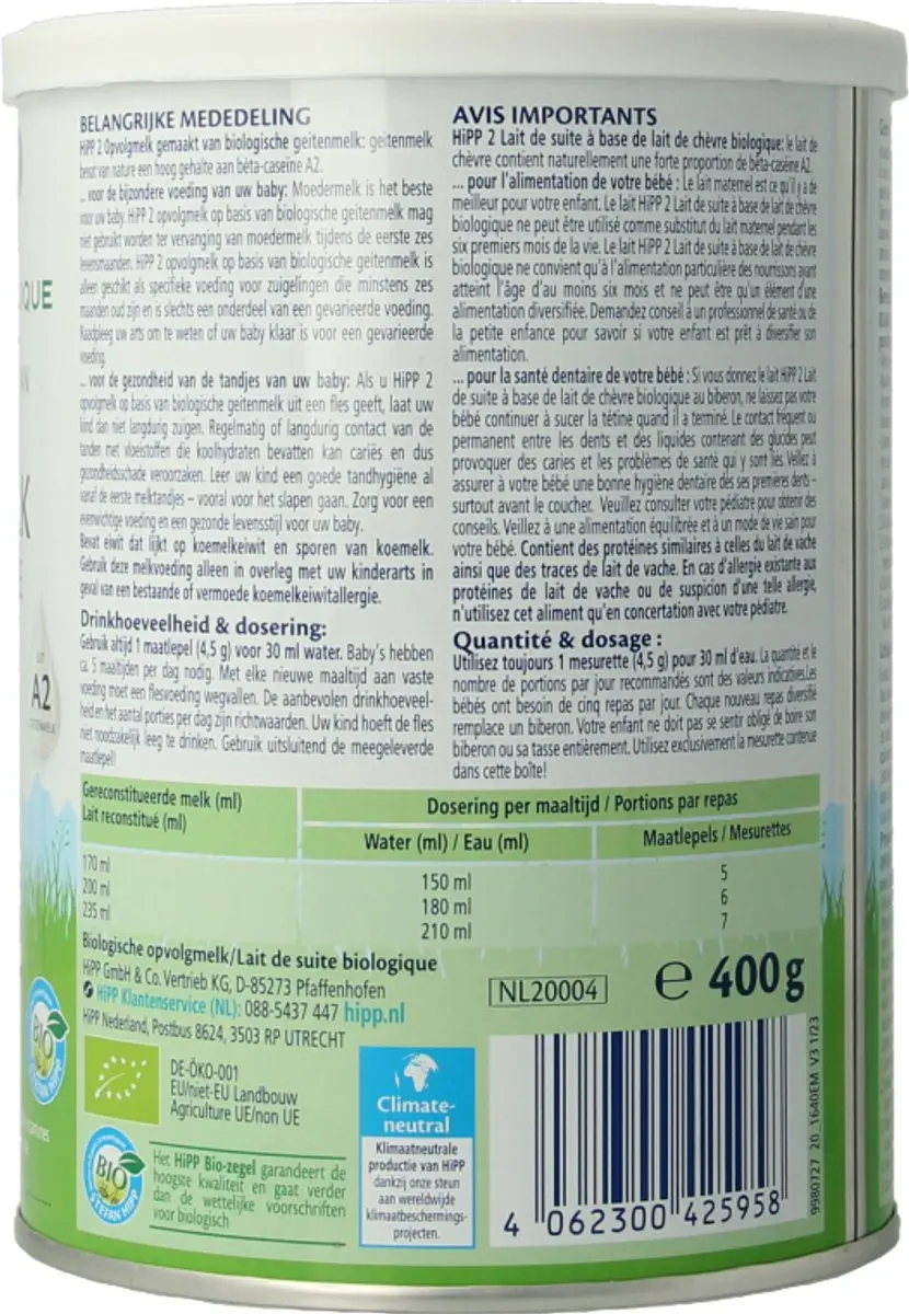 HiPP Opvolgmelk 2 Bio Geitenmelk 400g