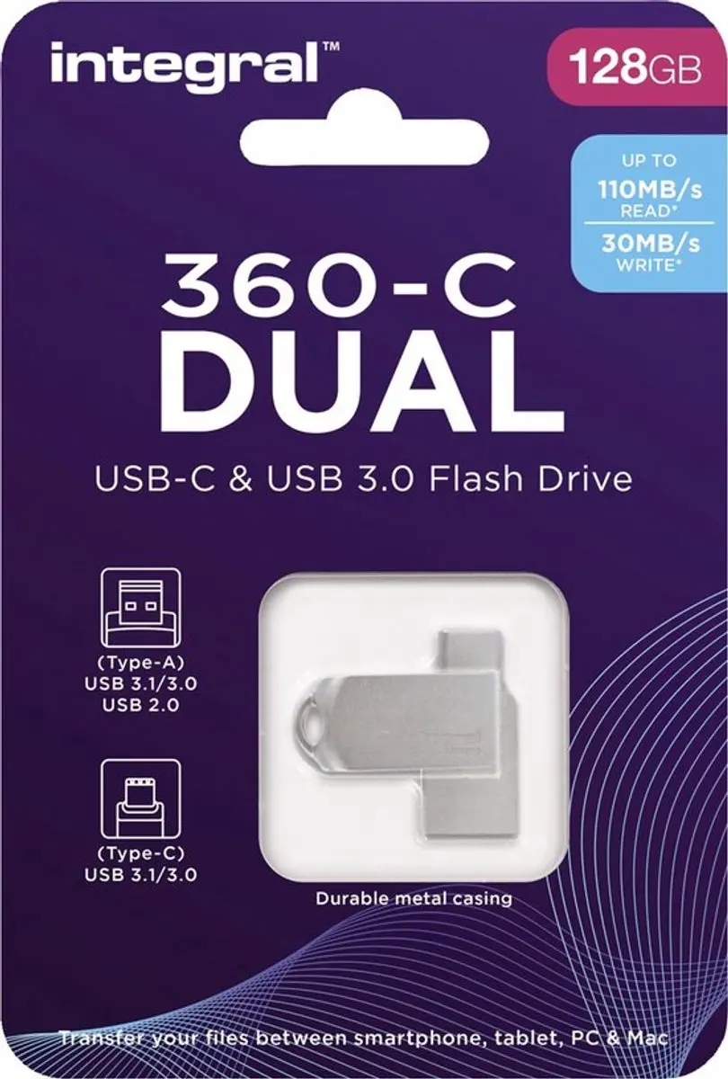Integral 360-C Dual USB-C USB Flash Drive 128GB - Zilver