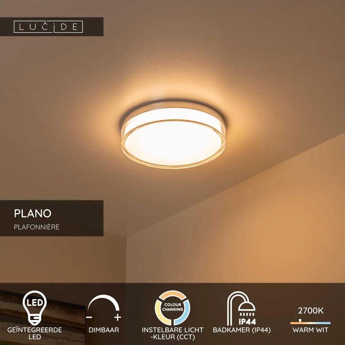 Lucide PLANO Plafonnière Badkamer - Ø28cm LED Dimbaar IP44 - Opaal