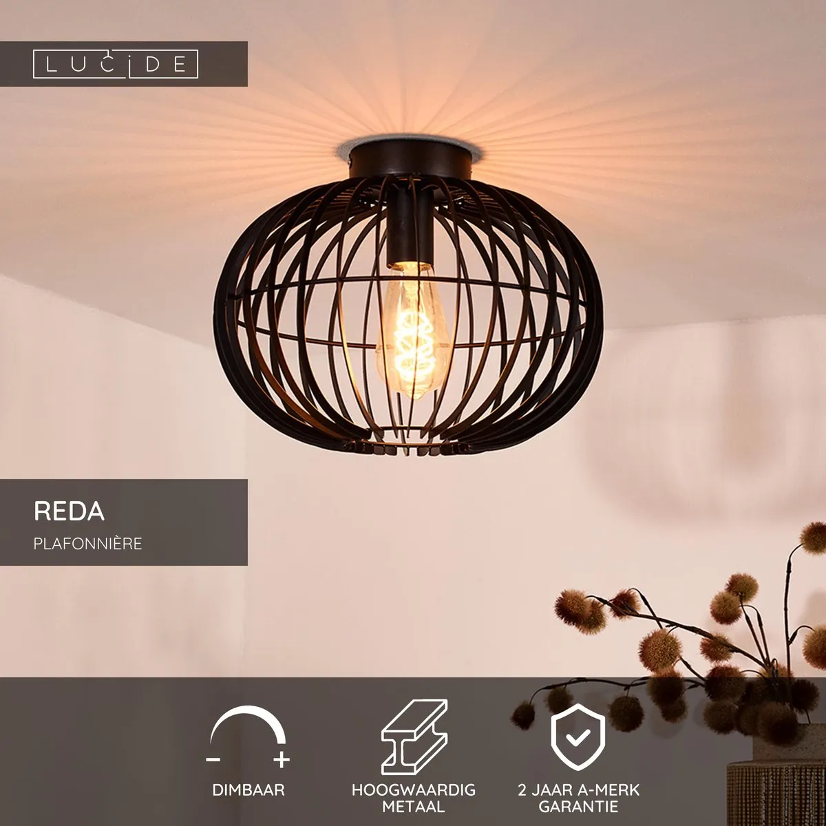Lucide REDA Plafondlamp Ø32cm - 1xE27 - Zwart