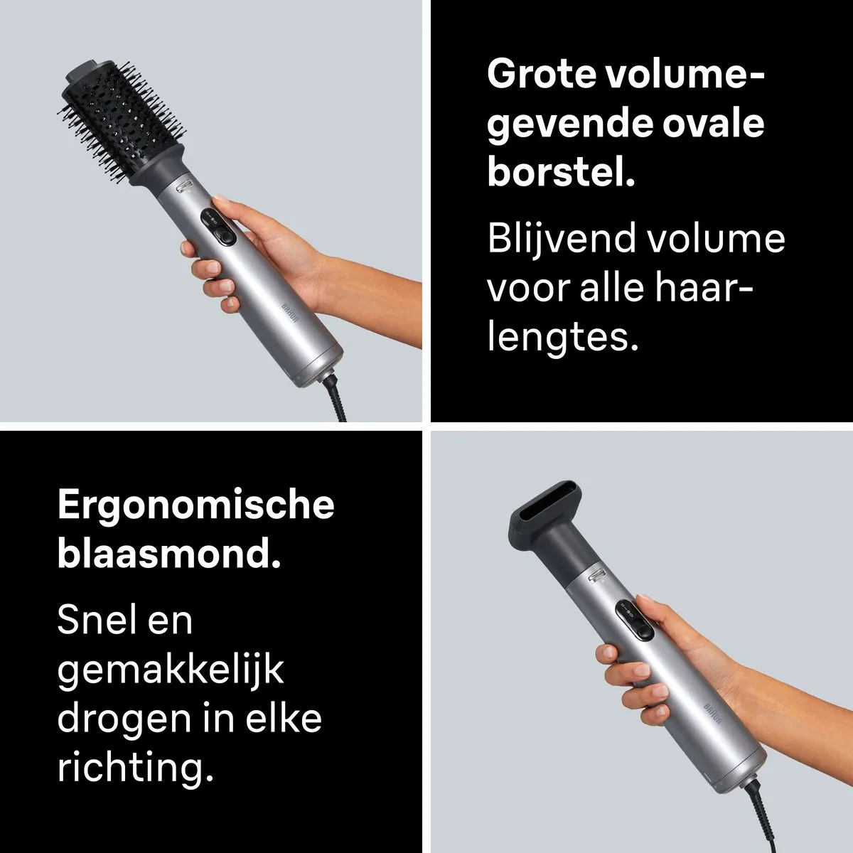 Braun AS4.3 BRAS430E Föhnborstel - 1000W - 3 Opzetstukken - Zilver/Zwart