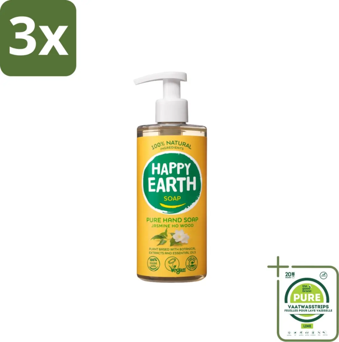 Happy Earth Handzeep Jasmijn Ho Wood 900ml - 3 Stuks
