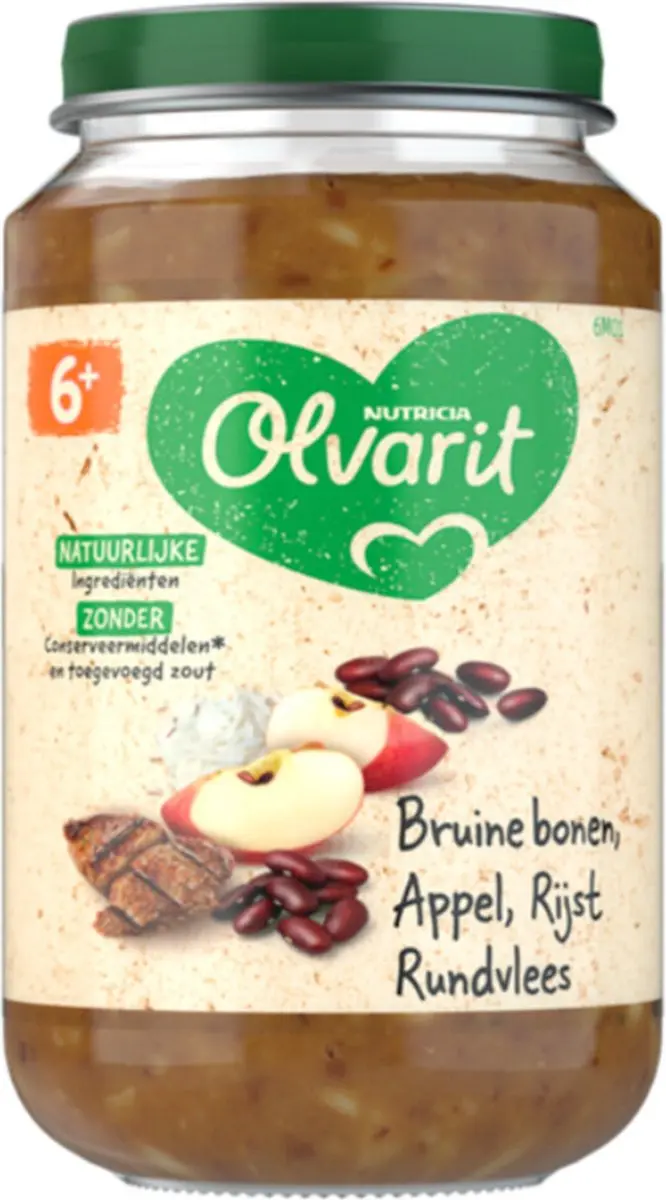 Olvarit Babymaaltijd 6+ Bruine Bonen Appel Rijst Rundvlees - 6x200g