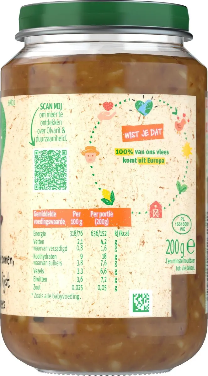 Olvarit Babymaaltijd 6+ Bruine Bonen Appel Rijst Rundvlees - 6x200g