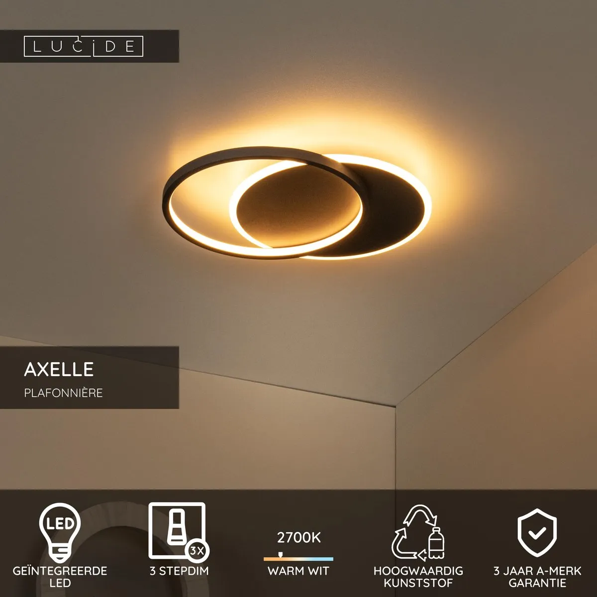 Lucide AXELLE Plafondlamp Ø29,5cm - LED 24W 2700K - Zwart