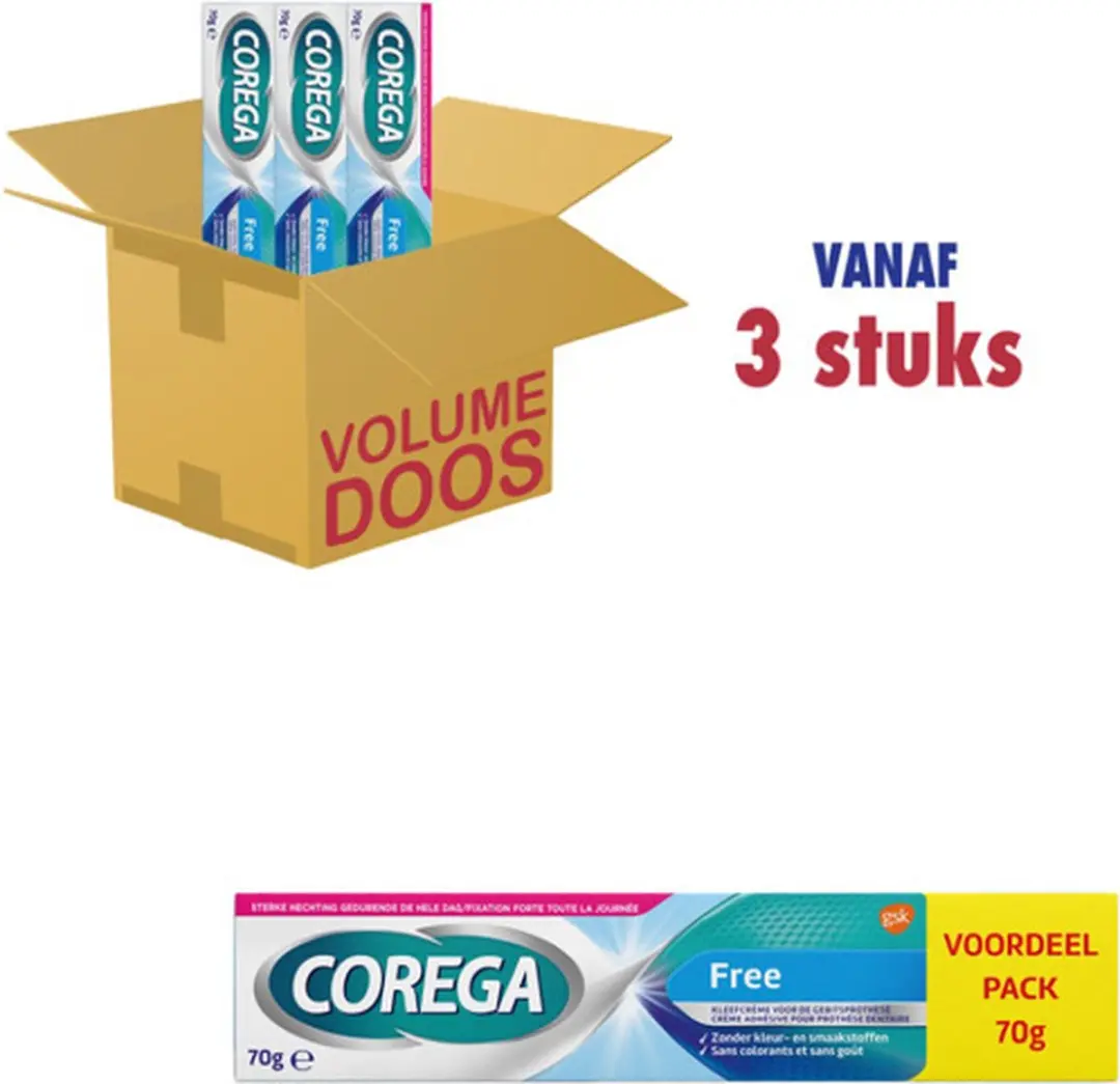 Corega Free Kleefcrème voor Gebitsprothese - 3x70g