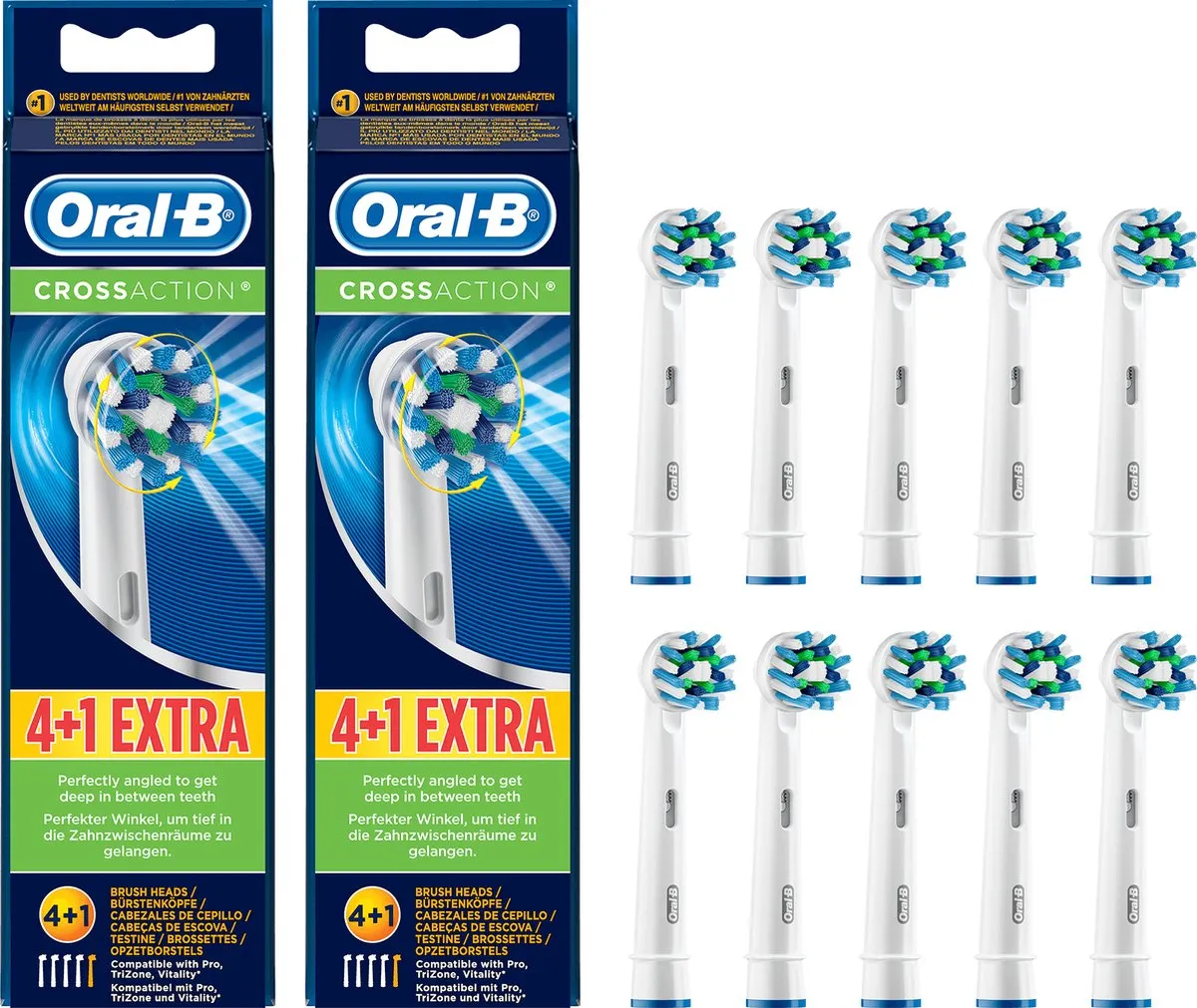 Oral-B CrossAction Opzetborstels - 10 Stuks - Blauw/ Groen/ Wit
