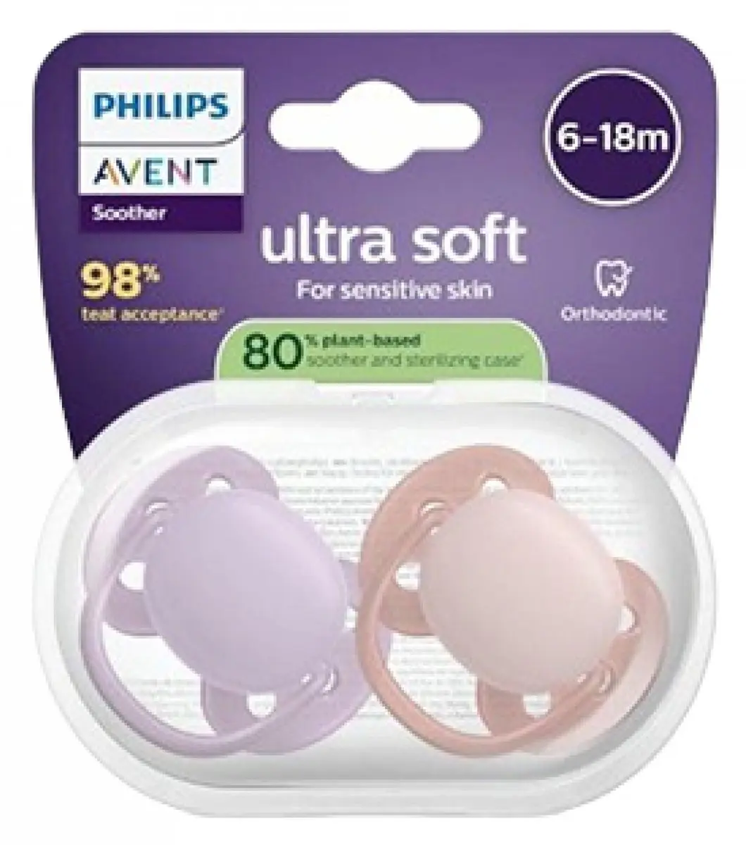 Philips Avent Ultra Soft 2 Orthodontische Fopspenen 6-18 Maanden - 2 Stuks - Mauve/Oranje