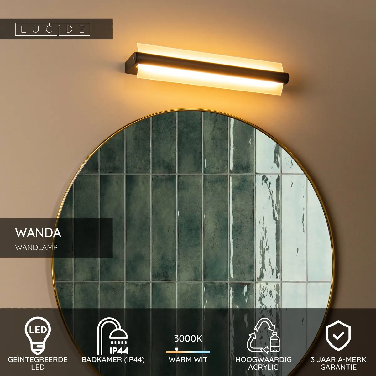 Lucide WANDA Wandlamp LED 15W 3000K IP44 - Zwart