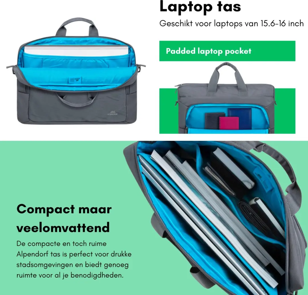 RivaCase Alpendorf ECO Laptophoes 16" - 5 Vakken - Grijs