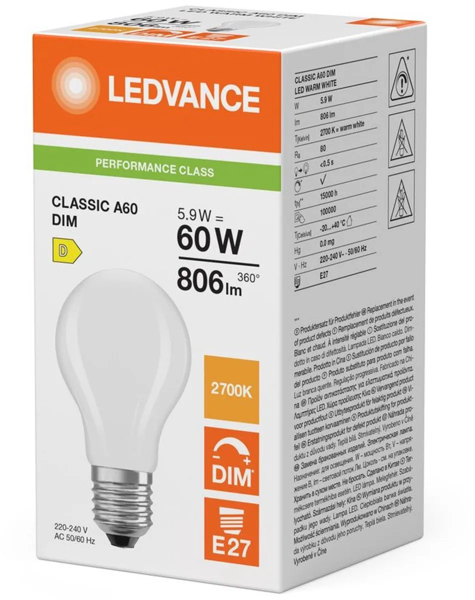 LEDVANCE Classic E27 Peer Mat 5.9W - 806lm Warm Wit - afbeelding 5 van 6