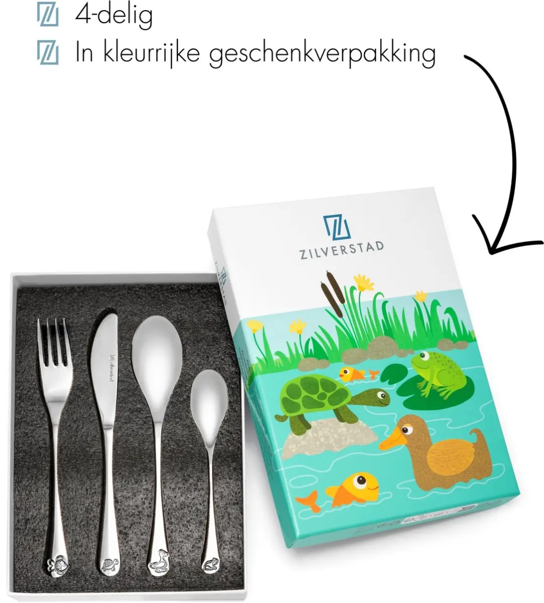 Zilverstad Kinderbestek 4-delig Vijverdieren RVS 18/10 - Zilver