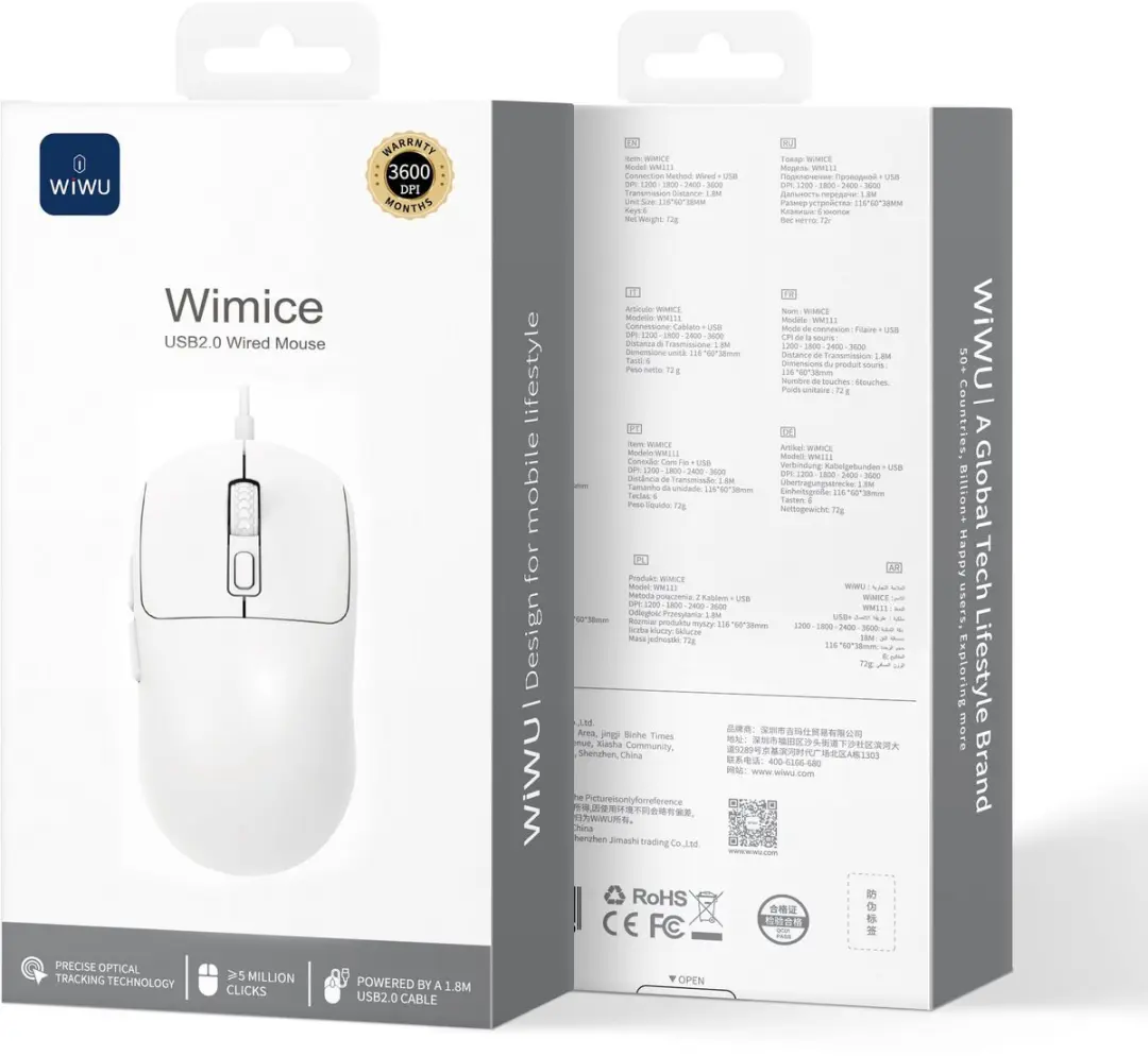 WiWu 14458 Bedrade Optische Muis - 6 Knoppen - Wit