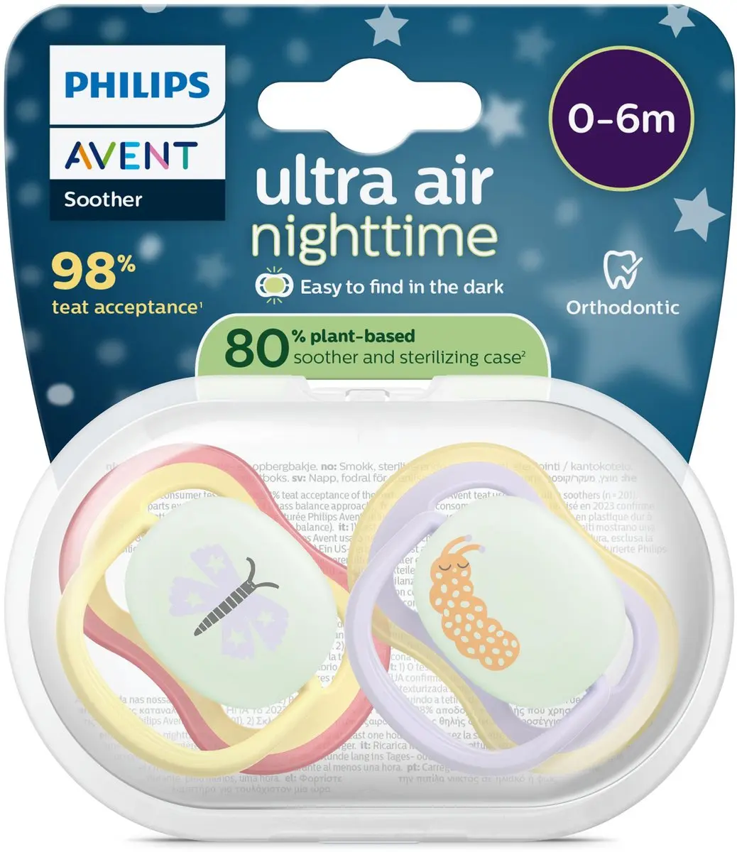 Philips Avent Ultra Air Night Fopspeen Glow-in-the-dark - 2 Stuks - Geel/Paars