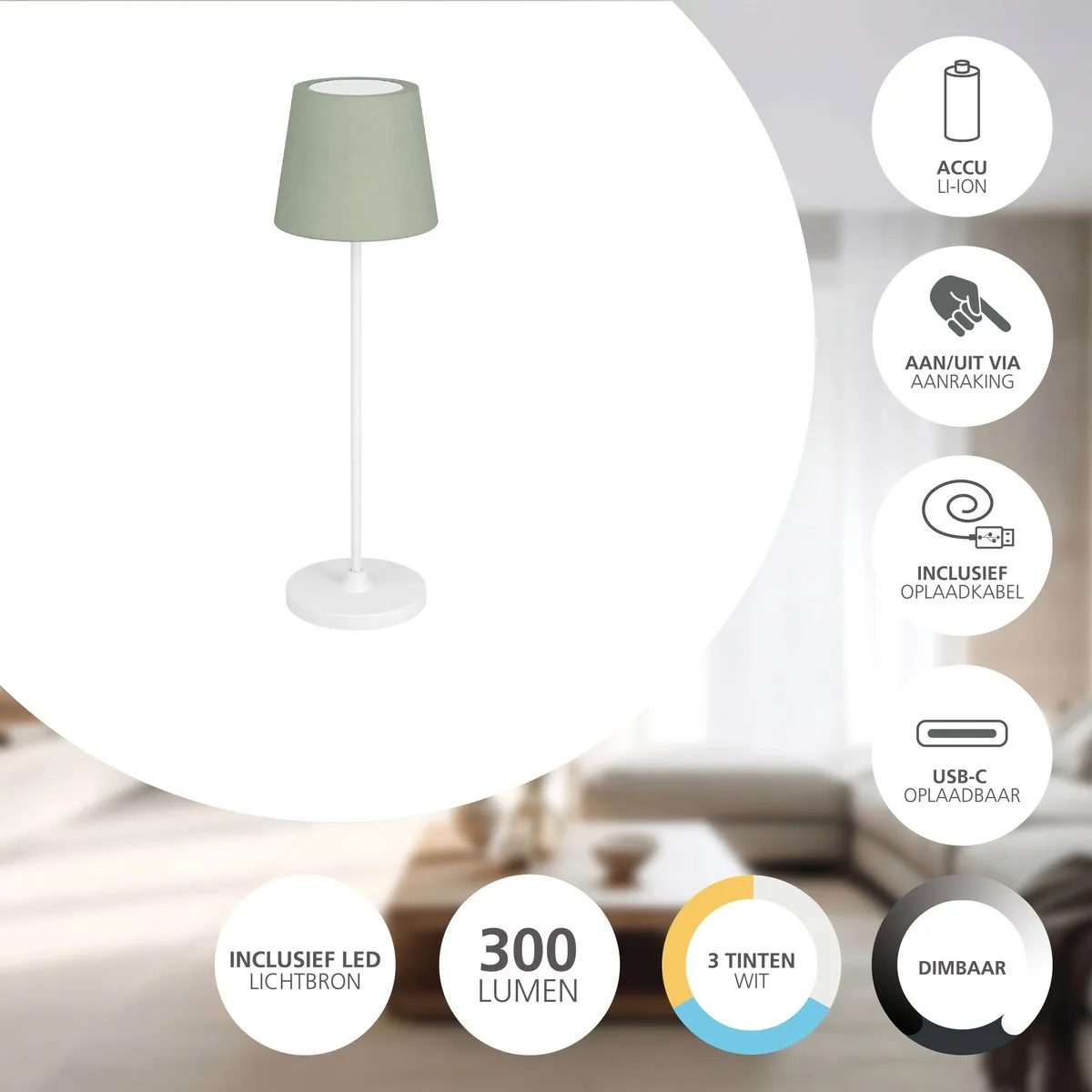 Eglo Leonero Tafellamp - Oplaadbaar LED 34cm Wit/Groen