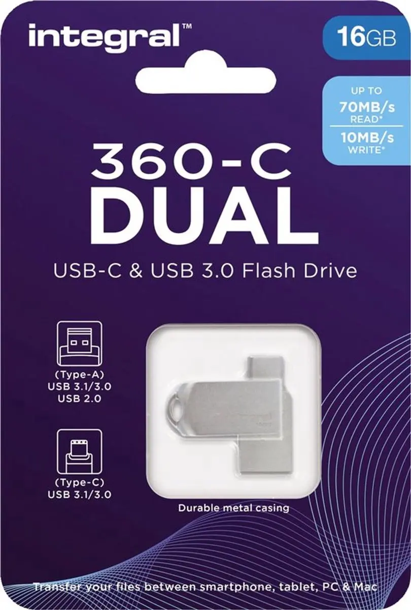 Integral 16GB 360-C Dual USB-stick - Zilver