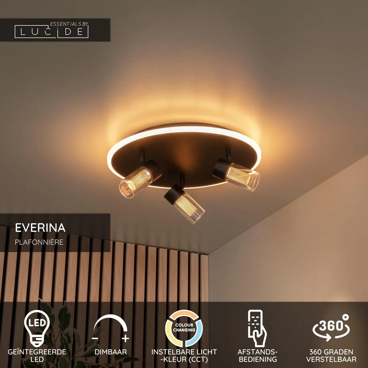 Lucide Everina Plafondlamp Ø40cm - 3xLED - 2200K/6500K Zwart