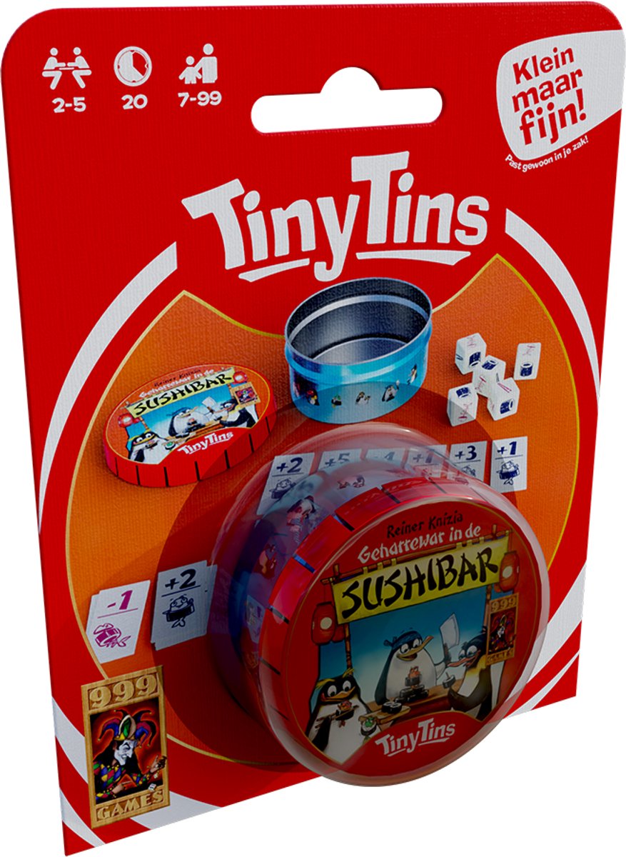 999 Games - Tiny Tins: Geharrewar in de Sushibar - Dobbelspel - Ideaal om overal mee naartoe te nemen - Reisspel - Familiespel - Klein cadeautje