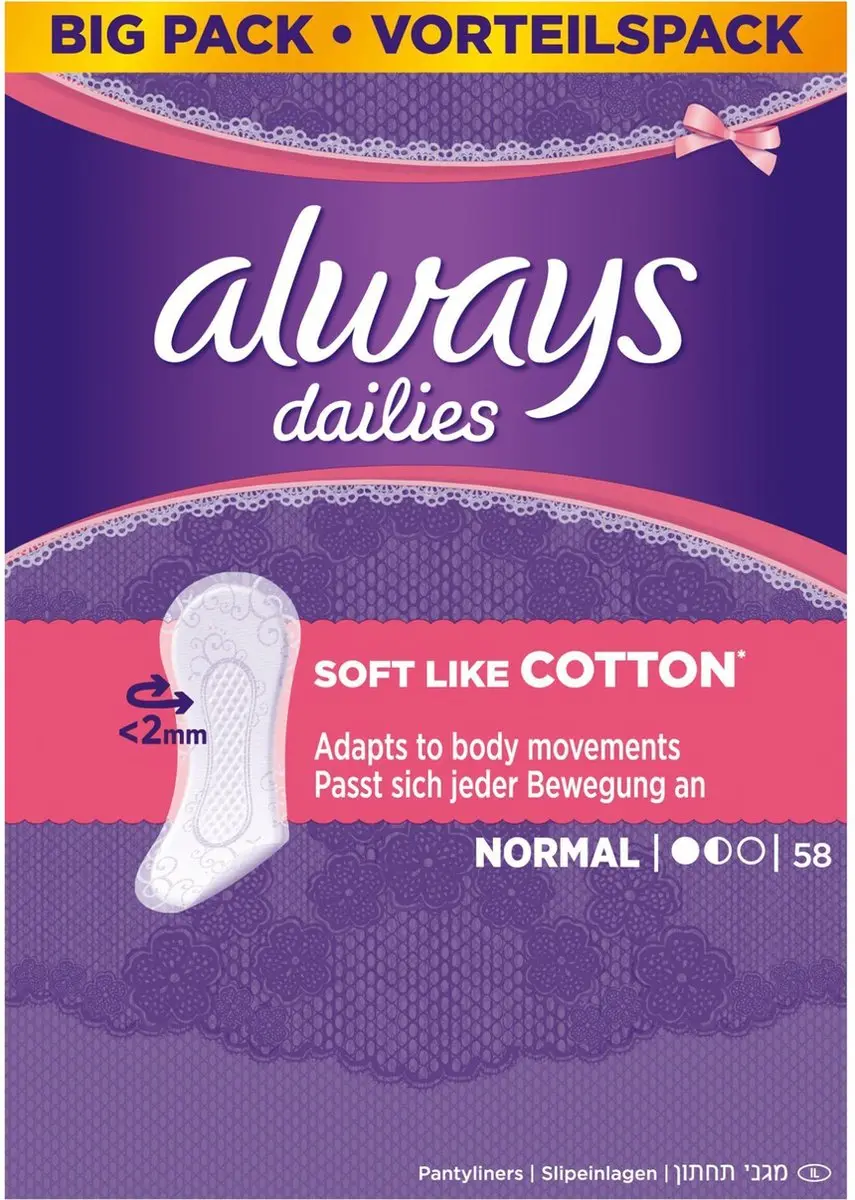 Always Dailies Normal Classic Inlegkruisjes - 232 Stuks - Paars/Wit/Rozig - afbeelding 6 van 6