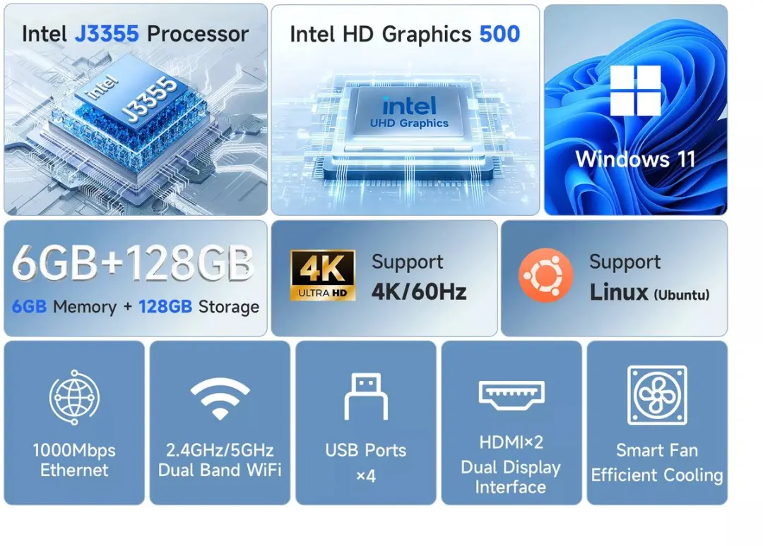 BMAX B1 Plus Mini PC - Intel Celeron J3355 - 6GB/128GB - Blauw