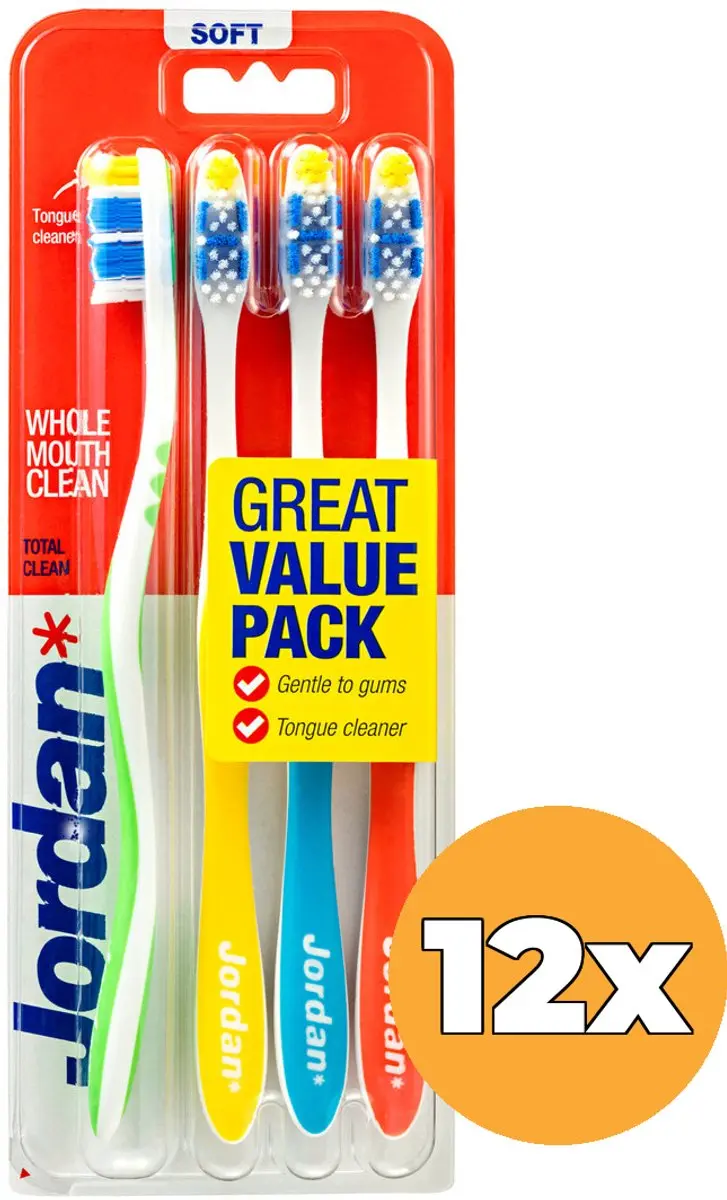 Jordan Tandenborstel Total Clean Soft - 48 Stuks (12x4) - Groen/Geel/Rood/Blauw