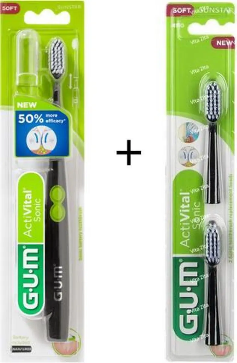 GUM Sonic Elektrische Tandenborstel - Zwart + 2 Stuks Opzetborstels