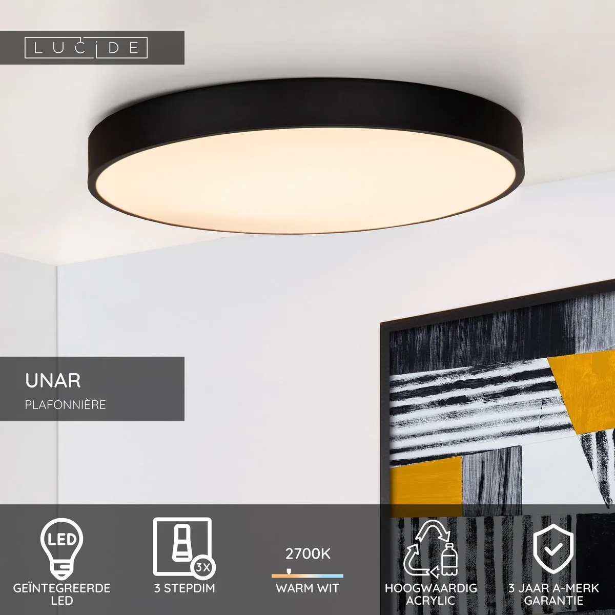 Lucide UNAR Plafondlamp Ø49,5cm - 36W LED 2700K - Zwart