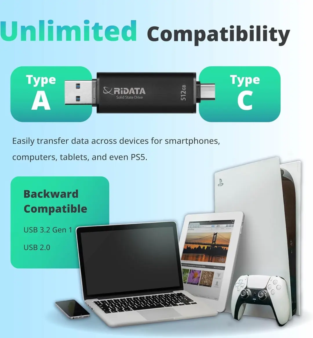 RiData Portable SSD Dual 1TB UV903 - 1.050 MB/s - Zwart
